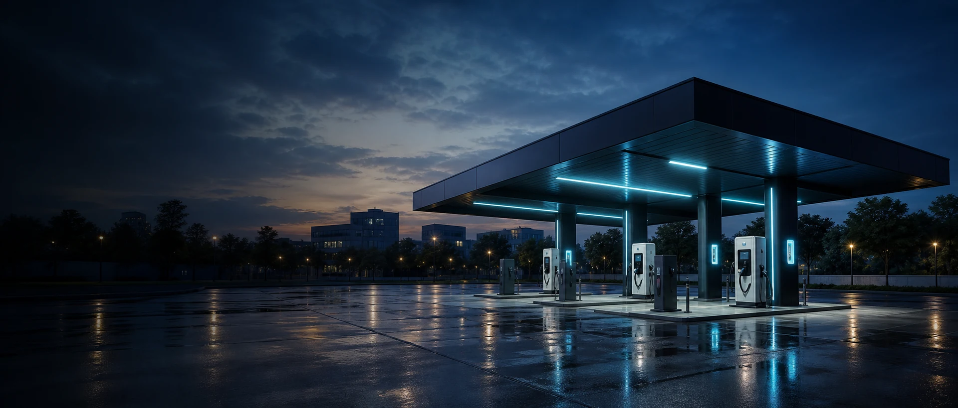 EV fast-charging forecourt under a canopy at night