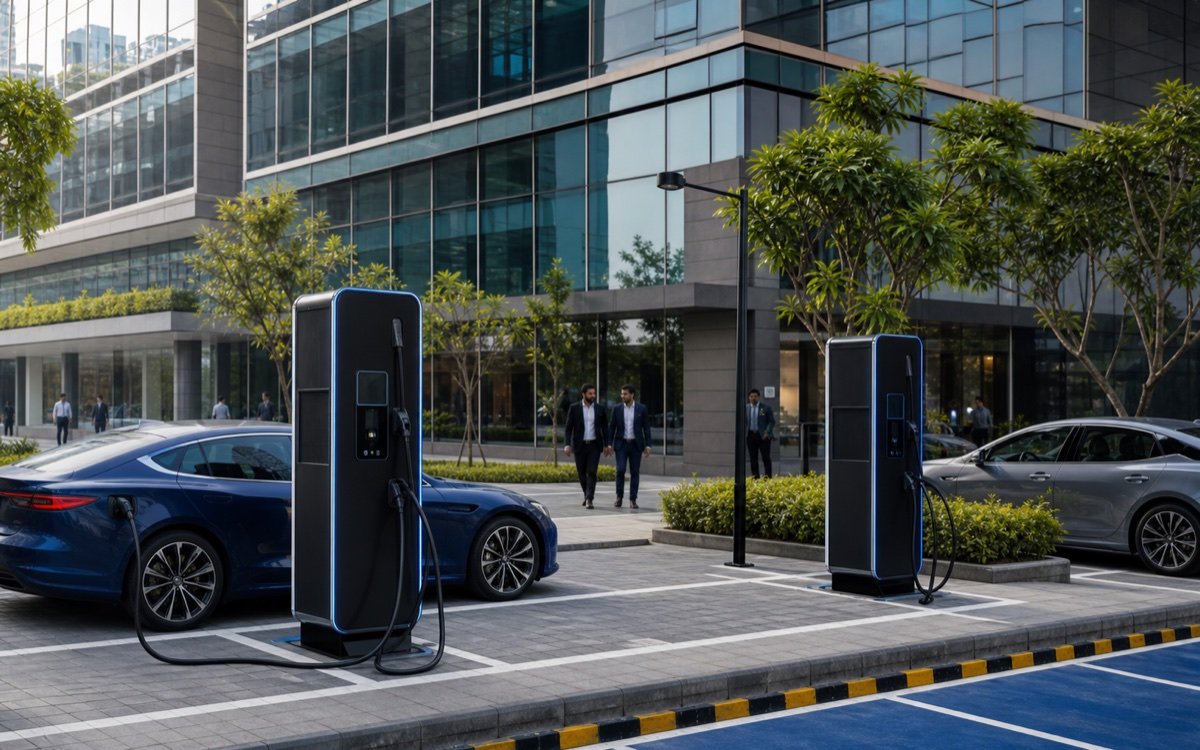 EV charging at a modern commercial campus