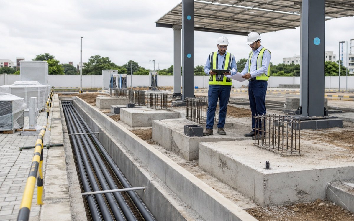 Engineers inspecting EV charging civil works