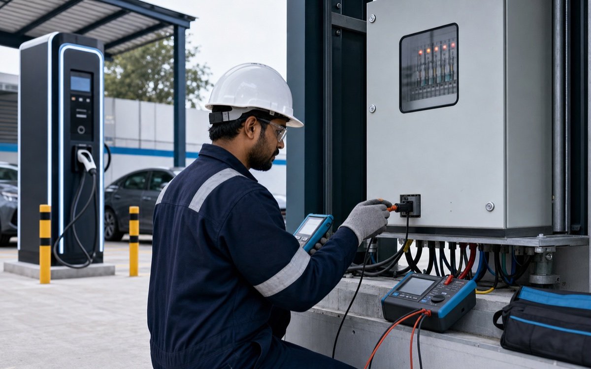 Engineer carrying out electrical testing at an EV charging installation